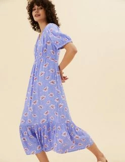 Best Pirce 🎉 Per Una 👗 Dresses Printed V-Neck Puff Sleeve Midi Tea 👗 Dress 😉 -New In Womens Sales 2022 SD 01 T53 3463U XY X EC 0