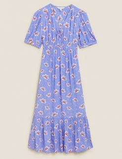 Best Pirce 🎉 Per Una 👗 Dresses Printed V-Neck Puff Sleeve Midi Tea 👗 Dress 😉 -New In Womens Sales 2022 SD 01 T53 3463U XY X EC 90