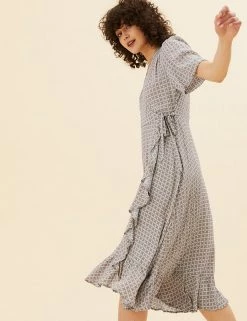 Flash Sale 😉 Per Una 👗 Dresses Floral V-Neck Angel Sleeve Midi Wrap 👗 Dress 😉 -New In Womens Sales 2022 SD 01 T53 3471U KA X EC 0