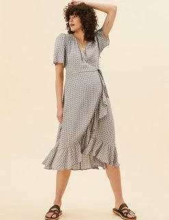 Flash Sale 😉 Per Una 👗 Dresses Floral V-Neck Angel Sleeve Midi Wrap 👗 Dress 😉 -New In Womens Sales 2022 SD 01 T53 3471U KA X EC 1