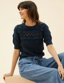 Brand new 😍 Per Una Women Pure Cotton Knitted 3/4 Sleeve Top 👏 -New In Womens Sales 2022 SD 01 T53 5163U F0 X EC 0