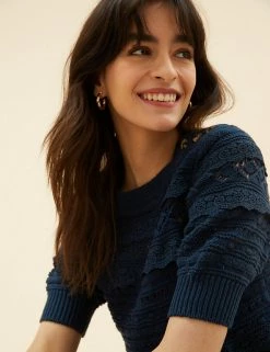 Brand new 😍 Per Una Women Pure Cotton Knitted 3/4 Sleeve Top 👏 -New In Womens Sales 2022 SD 01 T53 5163U F0 X EC 3