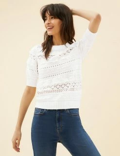 Brand new 😍 Per Una Women Pure Cotton Knitted 3/4 Sleeve Top 👏 -New In Womens Sales 2022 SD 01 T53 5163U KY X EC 1