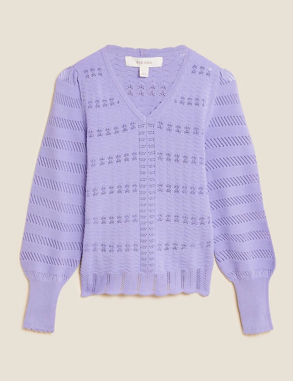 Best Pirce 🌟 Per Una Jumpers Pointelle V-Neck Blouson Sleeve Knitted Top 🎉 2 Best Pirce 🌟 Per Una Jumpers Pointelle V-Neck Blouson Sleeve Knitted Top 🎉 - Image 2