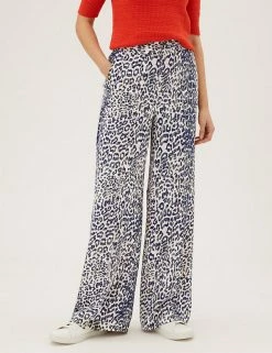Cheap 👏 M&S Collection Twill Animal Print Wide Leg Trousers 🥰 -New In Womens Sales 2022 SD 01 T59 1524T Y8 X EC 1