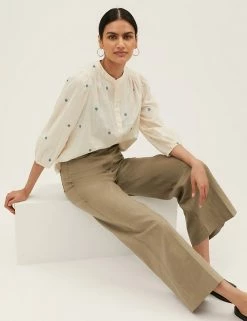 Cheap 👏 M&S Collection Linen Cotton Wide Leg Trousers 🤩 -New In Womens Sales 2022 SD 01 T59 1534T XJ X EC 0
