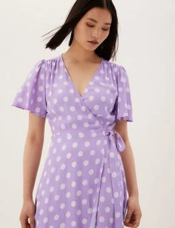 Best Sale ✔️ M&S Collection 👗 Dresses Polka Dot V-Neck Midi Wrap 👗 Dress 🥰
