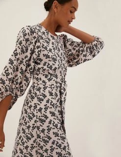 Best Pirce 🎉 M&S Collection 👗 Dresses Floral Belted Midi Column 👗 Dress 🎁