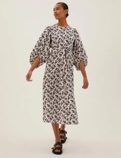 Best Pirce 🎉 M&S Collection 👗 Dresses Floral Belted Midi Column 👗 Dress 🎁 -New In Womens Sales 2022 SD 01 T69 1227 Y8 X EC 1