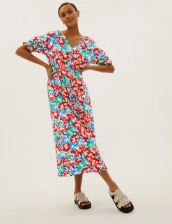 Flash Sale ⌛ M&S Collection 👗 Dresses Floral V-Neck Shirred Midi Waisted 👗 Dress 🧨