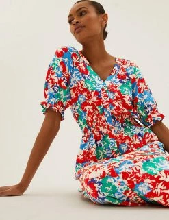 Flash Sale ⌛ M&S Collection 👗 Dresses Floral V-Neck Shirred Midi Waisted 👗 Dress 🧨 -New In Womens Sales 2022 SD 01 T69 1231 ZZ X EC 1