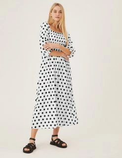 Flash Sale ✨ M&S Collection 👗 Dresses Polka Dot Square Neck Shirred Midaxi 👗 Dress 🎁 -New In Womens Sales 2022 SD 01 T69 1235 Y8 X EC 1