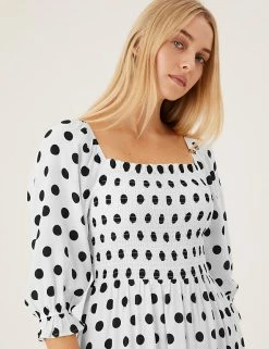 Flash Sale ✨ M&S Collection 👗 Dresses Polka Dot Square Neck Shirred Midaxi 👗 Dress 🎁 -New In Womens Sales 2022 SD 01 T69 1235 Y8 X EC 2