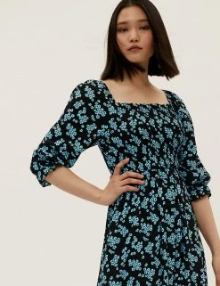 Deals 🛒 M&S Collection 👗 Dresses Floral Square Neck Shirred Midaxi 👗 Dress 💯