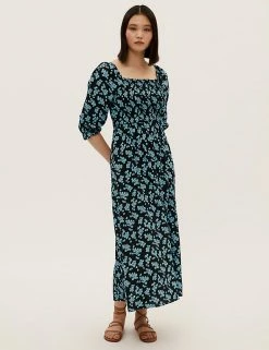 Deals 🛒 M&S Collection 👗 Dresses Floral Square Neck Shirred Midaxi 👗 Dress 💯 -New In Womens Sales 2022 SD 01 T69 1236 Y4 X EC 1