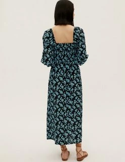 Deals 🛒 M&S Collection 👗 Dresses Floral Square Neck Shirred Midaxi 👗 Dress 💯 -New In Womens Sales 2022 SD 01 T69 1236 Y4 X EC 2