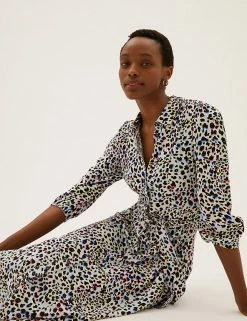 Buy 🧨 M&S Collection 👗 Dresses Animal Print Puff Sleeve Midi 👚 Shirt 👗 Dress 🔥