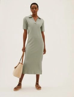 Best Sale ✨ M&S Collection 👗 Dresses Jersey Ribbed Midi Column 👗 Dress 😉 -New In Womens Sales 2022 SD 01 T69 1309 J0 X EC 2