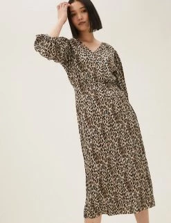 New 🔔 M&S Collection 👗 Dresses Jersey Plisse Animal Print Midi 👗 Dress 🔔 -New In Womens Sales 2022 SD 01 T69 1314 V4 X EC 1