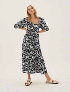 Outlet 🥰 M&S Collection 👗 Dresses Floral V-Neck Midi Waisted 👗 Dress ✨