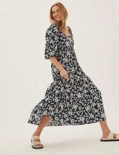 Outlet 🥰 M&S Collection 👗 Dresses Floral V-Neck Midi Waisted 👗 Dress ✨ -New In Womens Sales 2022 SD 01 T69 1316 Y4 X EC 1