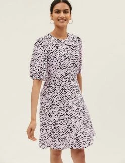 Best Sale 😀 M&S Collection 👗 Dresses Animal Print Puff Sleeve Mini Tea 👗 Dress 🔔 -New In Womens Sales 2022 SD 01 T69 1390 A4 X EC 1