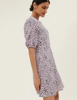 Best Sale 😀 M&S Collection 👗 Dresses Animal Print Puff Sleeve Mini Tea 👗 Dress 🔔 -New In Womens Sales 2022 SD 01 T69 1390 A4 X EC 4