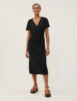 Buy 🛒 M&S Collection 👗 Dresses Jersey V-Neck Short Sleeve Midi Wrap 👗 Dress 🤩 -New In Womens Sales 2022 SD 01 T69 1395 Y0 X EC 1