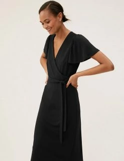 Buy 🛒 M&S Collection 👗 Dresses Jersey V-Neck Short Sleeve Midi Wrap 👗 Dress 🤩 -New In Womens Sales 2022 SD 01 T69 1395 Y0 X EC 2