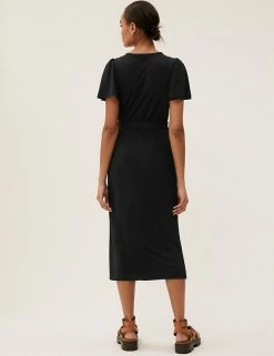 Buy 🛒 M&S Collection 👗 Dresses Jersey V-Neck Short Sleeve Midi Wrap 👗 Dress 🤩 -New In Womens Sales 2022 SD 01 T69 1395 Y0 X EC 3