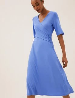 Best deal 🎉 M&S Collection 👗 Dresses V-Neck Draped Midi Skater 👗 Dress 🌟