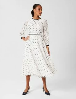 Wholesale 😉 HOBBS 👗 Dresses Polka Dot Round Neck Midi Waisted 👗 Dress ✔️