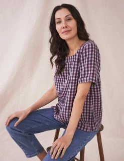 Deals 😉 White Stuff 👕 Shirts & Blouses Pure Linen Checked Short Sleeve Blouse 🎉