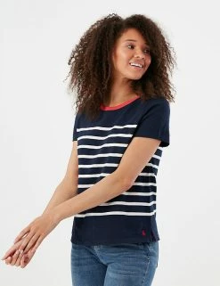 Best Pirce 😀 Joules Women Pure Cotton Striped Round Neck T-Shirt 😍