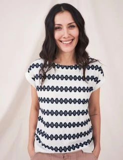 Budget 😀 White Stuff Women Pure Cotton Floral Slash Neck T-Shirt 🌟