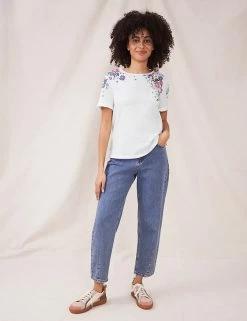 Best Sale ✔️ White Stuff Women Organic Cotton Floral Crew Neck T-Shirt 🥰