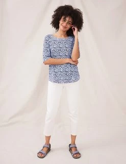 Best Sale 😉 White Stuff Women Pure Cotton Floral Crew Neck Top ❤️