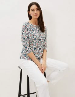 Deals 🛒 Phase Eight Women Pure Linen Printed 3/4 Sleeve Top 😀 -New In Womens Sales 2022 SD 01 T83 7026 Z4 X EC 2