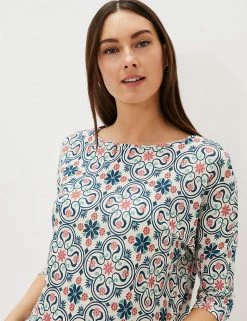 Deals 🛒 Phase Eight Women Pure Linen Printed 3/4 Sleeve Top 😀 -New In Womens Sales 2022 SD 01 T83 7026 Z4 X EC 3