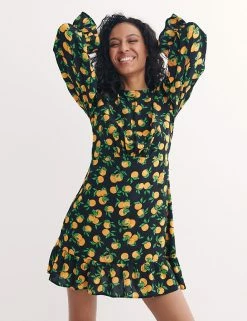 Best Sale 🔔 Nobody's Child 👗 Dresses Orange Print Round Neck Mini Tea 👗 Dress 🤩