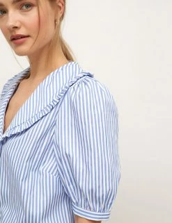 Buy 👍 Nobody's Child 👕 Shirts & Blouses Pure Cotton Striped Smocked Blouse ✔️ -New In Womens Sales 2022 SD 10 T82 2936 E4 X EC 2
