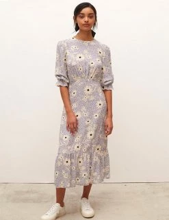 Coupon ❤️ Nobody's Child 👗 Dresses Floral Round Neck Midi Waisted 👗 Dress ⌛