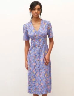 Promo ⌛ Nobody's Child 👗 Dresses Pure Cotton Floral V-Neck Midi Tea 👗 Dress 🔥