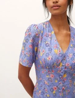 Promo ⌛ Nobody's Child 👗 Dresses Pure Cotton Floral V-Neck Midi Tea 👗 Dress 🔥 -New In Womens Sales 2022 SD 10 T82 4828 E4 X EC 3