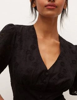 Promo 😍 Nobody's Child 👗 Dresses Pure Cotton Broderie Midi Waisted 👗 Dress 🧨 -New In Womens Sales 2022 SD 10 T82 4830 Y0 X EC 3