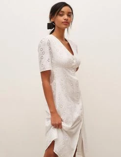 Promo 😍 Nobody's Child 👗 Dresses Pure Cotton Broderie Midi Waisted 👗 Dress 🧨 -New In Womens Sales 2022 SD 10 T82 4830 Z0 X EC 4