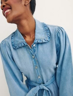 Best Pirce 🔥 Nobody's Child 👗 Dresses Denim Belted Frill Detail Mini 👚 Shirt 👗 Dress 🤩 -New In Womens Sales 2022 SD 10 T82 4865 E0 X EC 5