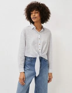 Promo 🔥 Phase Eight 👕 Shirts & Blouses Pure Cotton Striped Tie Front Blouse 🤩