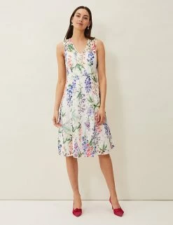Budget โญ Phase Eight ๐ Dresses Floral V-Neck Knee Length Tea ๐ Dress ๐
