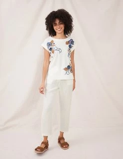 Budget 😀 White Stuff Women Pure Cotton Floral Slash Neck T-Shirt 🌟 -New In Womens Sales 2022 SD 10 T83 4484 Z4 X EC 0